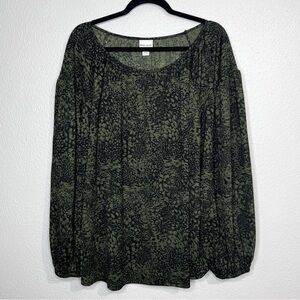 Ava & Viv Womens 1X Green Black Long Sleeve Top Slinky Stretch Shirt